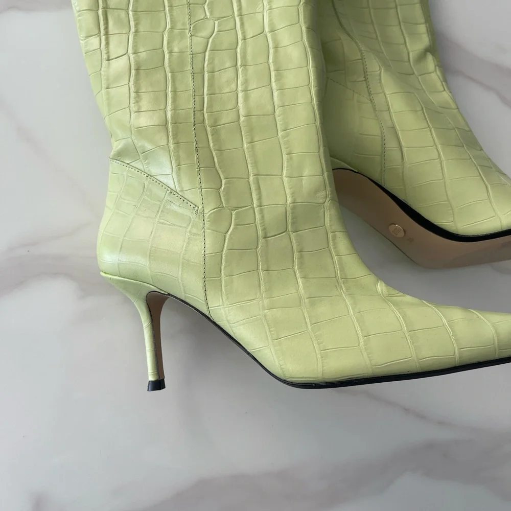 Zara Lime Green Croc-Embossed Heeled Boots - Picture 3 of 5
